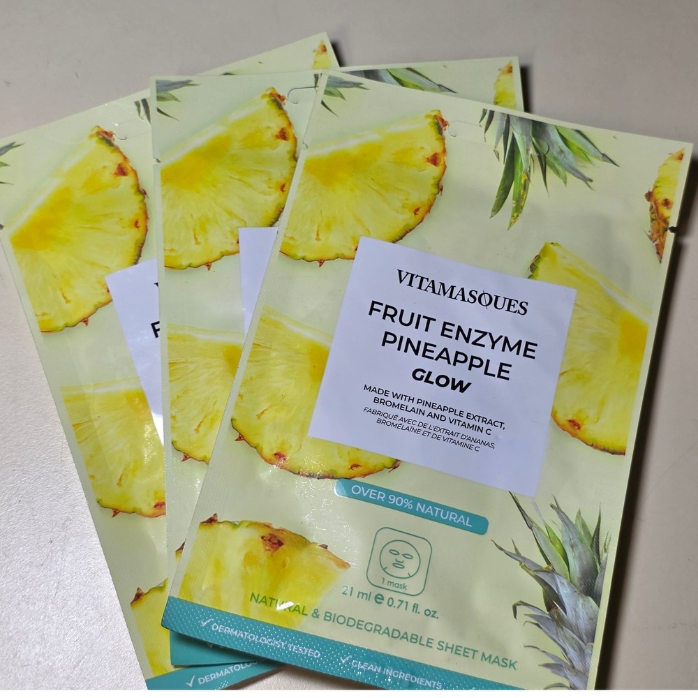 Vitamasques Fruit Enzyme Pineapple Glow Sheet Mask Set of 3 Vitamin C Hyaluronic